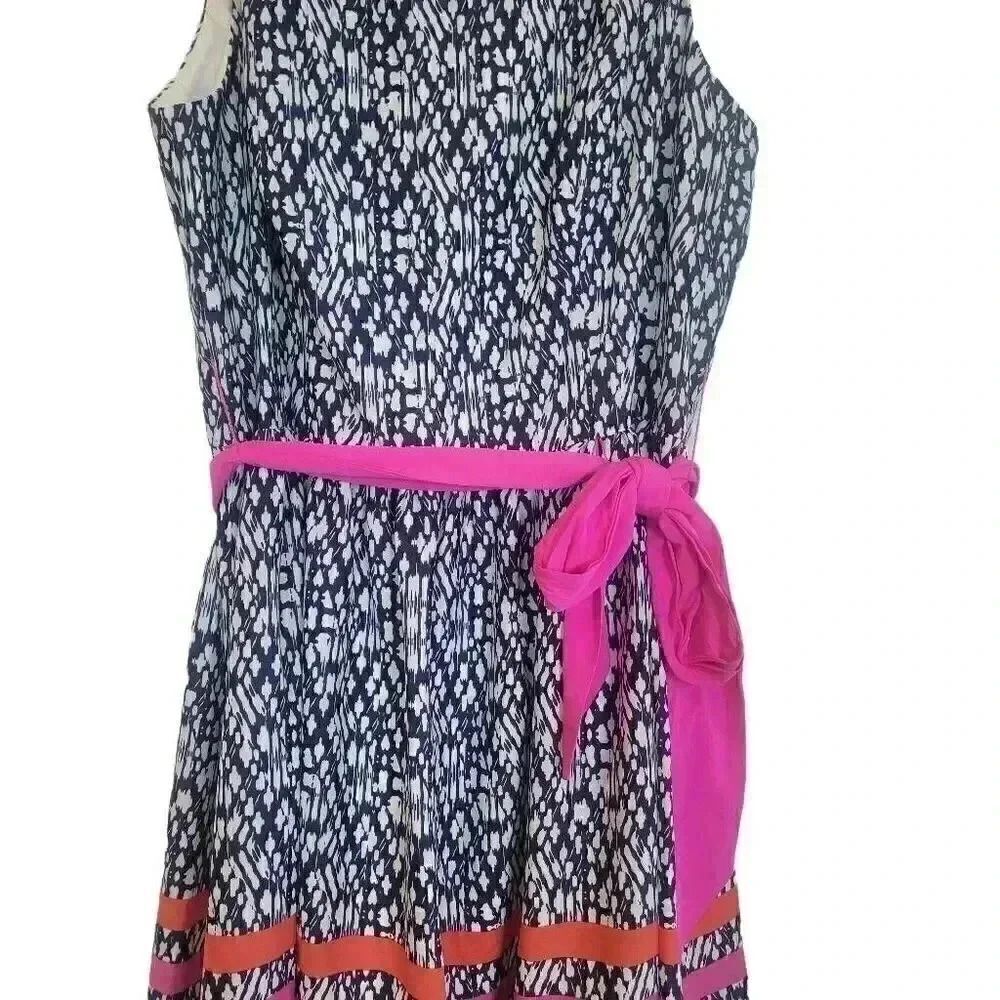 Eliza J Women's Navy & White Poly Print Colorful Striped Ribbons Pink Sash Sleev - Picture 5 of 14